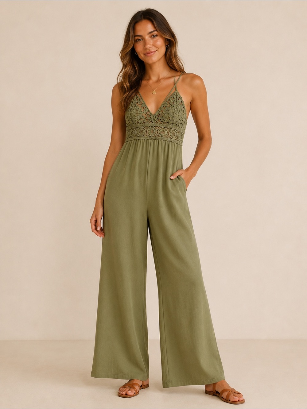 Blashe Olive Green Crochet Lace Wide Leg Jumpsuit Medium Boho Pockets